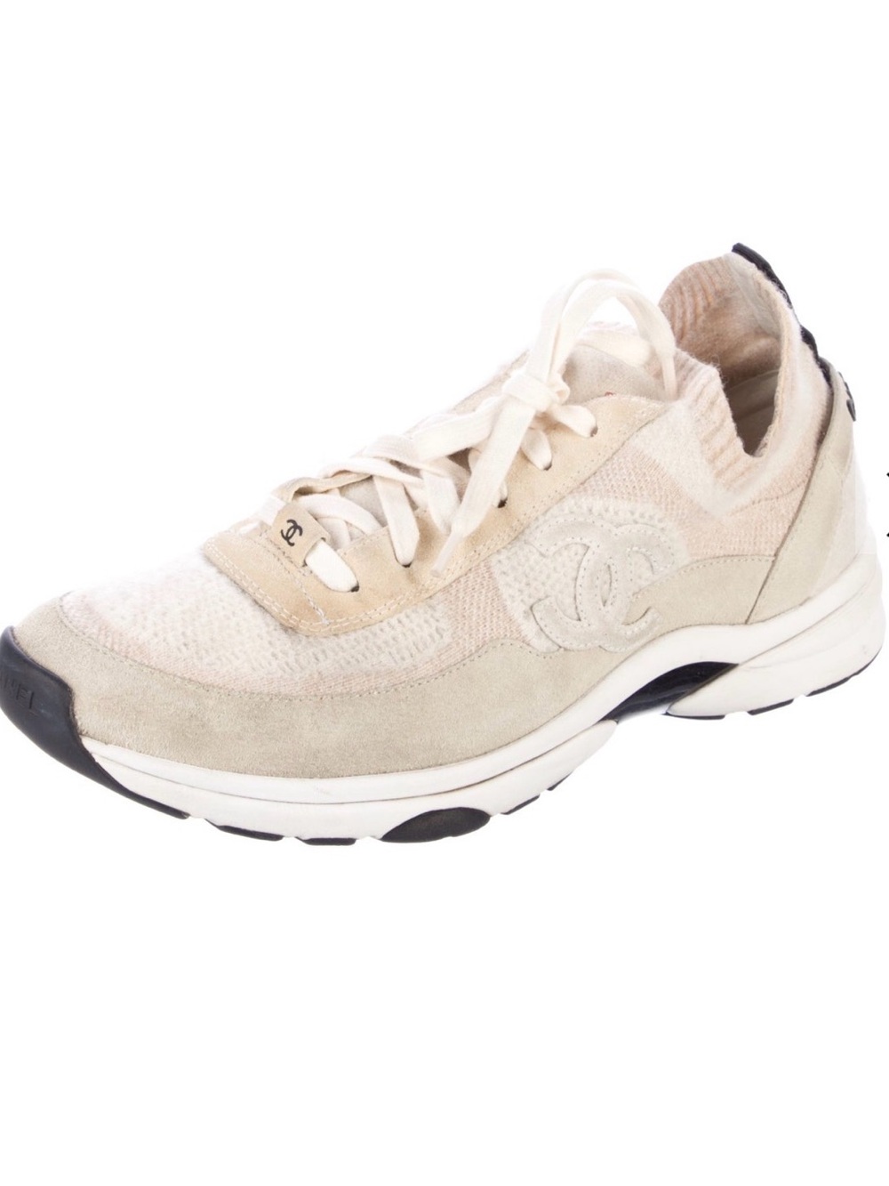 CHANEL Cream Knit & Suede Low-Top Sneaker size 43